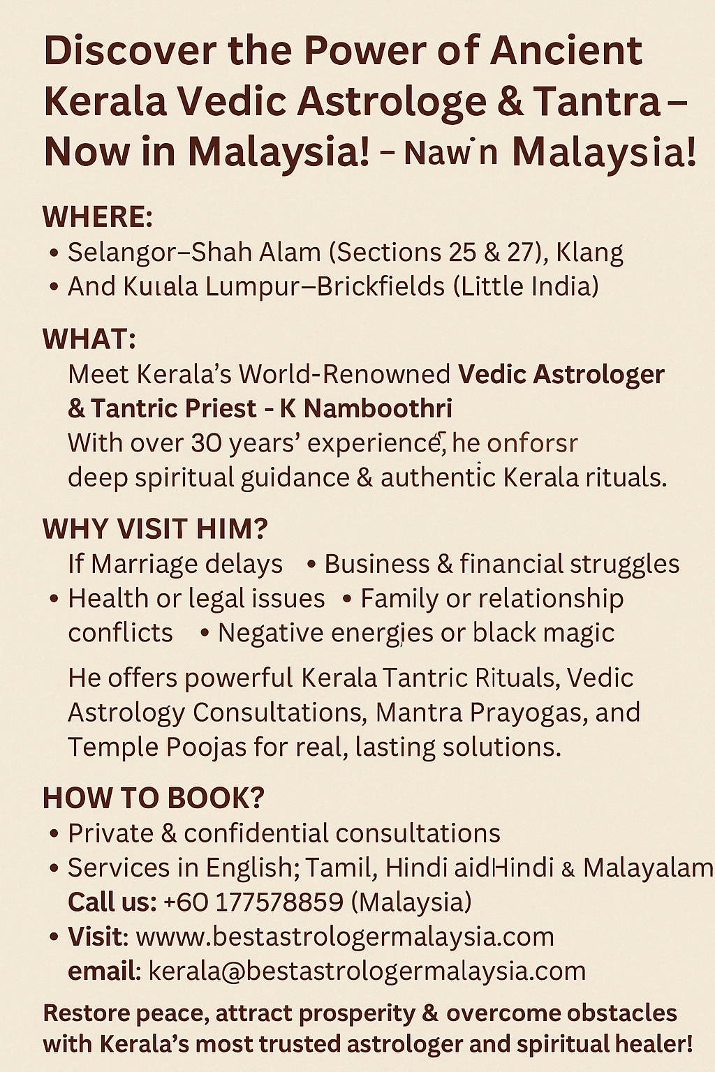 Meet Kerala's Renowned Vedic Astrologer & Tantric Priest Now in Selangor & KL – 30+ Years Expertise