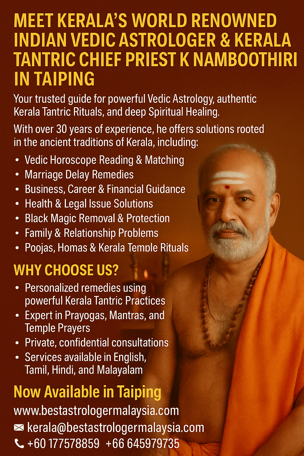 Kerala Vedic Astrologer & Tantric Ritual Specialist Now in Taiping | Best Astrologer Malaysia