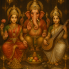 Divine Lakshmi, Ganapathi, and Saraswathi Pooja with a spiritual aura.