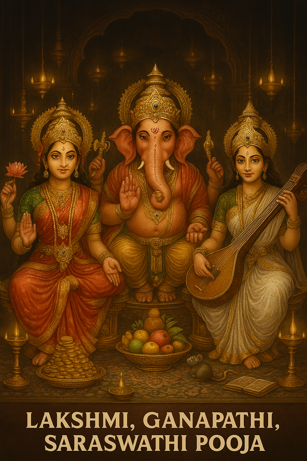 Divine Lakshmi, Ganapathi, and Saraswathi Pooja with a spiritual aura.