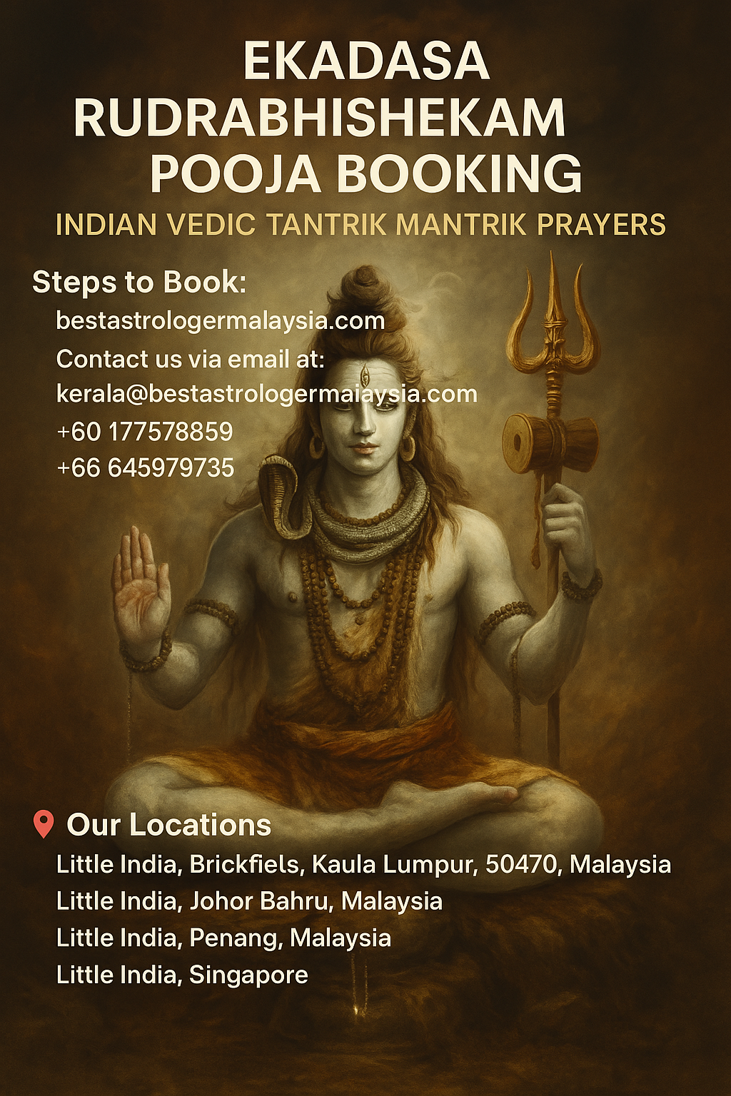 A divine promotional digital graphic for Ekadasa Rudrabhishekam Pooja, featuring Lord Shiva with sacred symbols, fiery spiritual aura, and booking details for Best Astrologer Malaysia.
