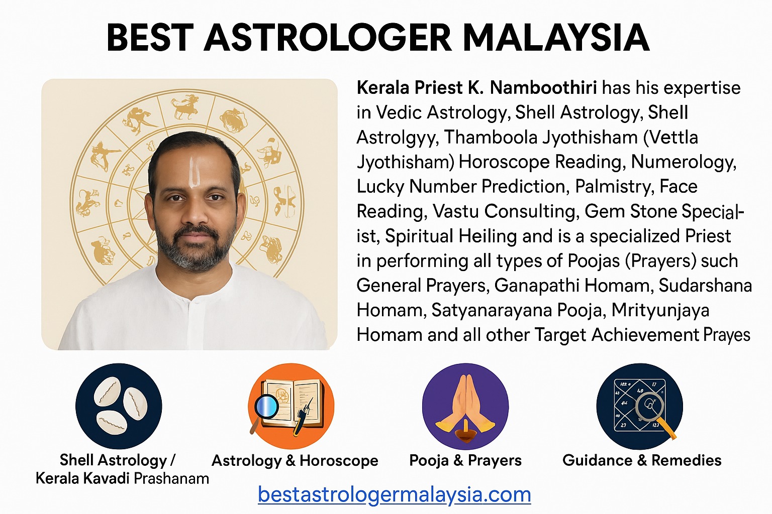 Best Astrologer in Malaysia - Kerala Priest K. Namboothiri offering expert astrology services including Vedic Astrology, Shell Astrology, Horoscope Reading, and Spiritual Healing